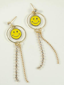 E459 Gold Smiley Face Dangle Rhinestone Earrings - Iris Fashion Jewelry