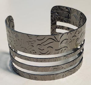 B303 Gun Metal Floral Embossed Cuff Bracelet - Iris Fashion Jewelry