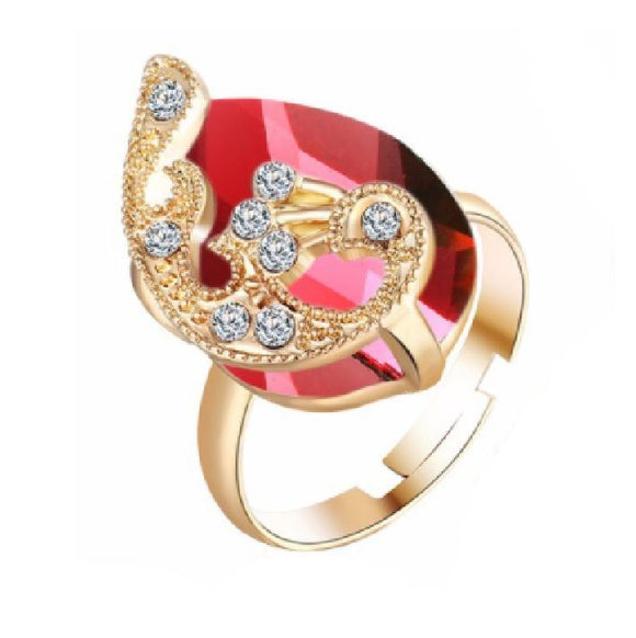 AR34 Gold Red Gemstone Peacock Adjustable Ring - Iris Fashion Jewelry