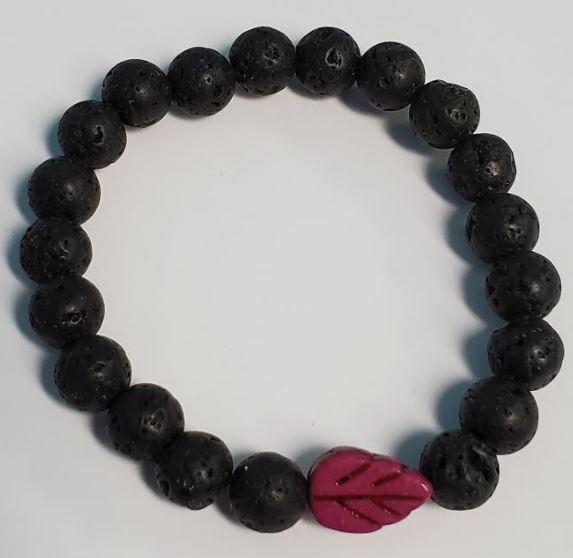 B205 Black Lava Stone Fuchsia Leaf Bead Bracelet - Iris Fashion Jewelry