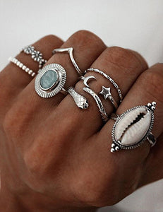 RS06 Silver Shell Snake 8 pc. Ring Set - Iris Fashion Jewelry