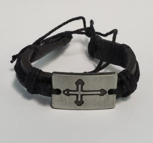 *B606 Silver Cross Black Leather Black Cord Bracelet - Iris Fashion Jewelry