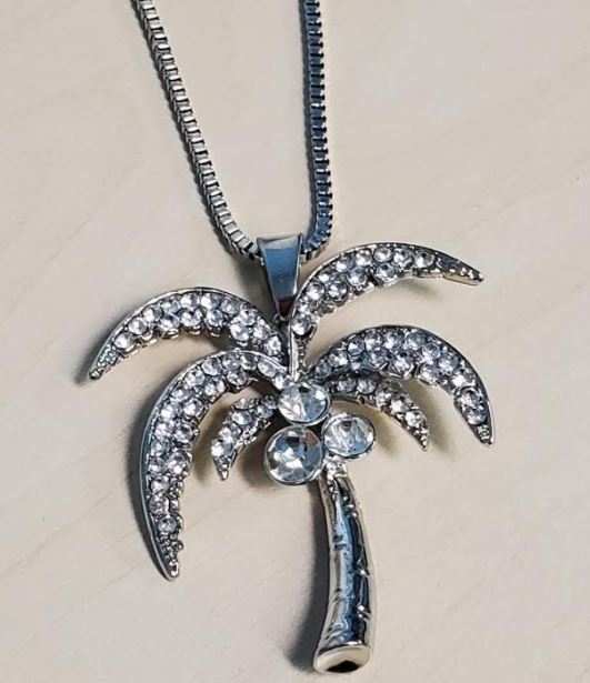 N721 Silver Rhinestone Palm Tree Necklace with FREE Earrings - Iris Fashion Jewelry