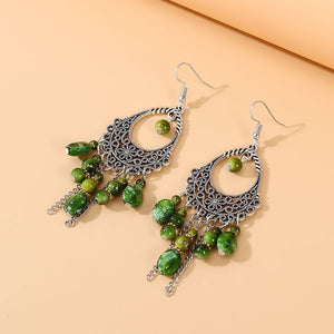 E198 Silver Filigree Shades of Green Stone Tassel Earrings - Iris Fashion Jewelry