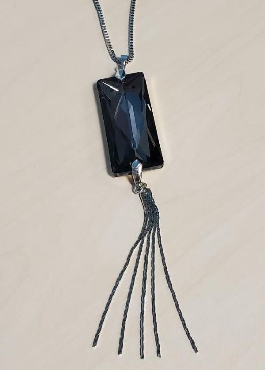 N1263 Silver Gray Rectangle Gemstone with Tassel Necklace with FREE Earrings - Iris Fashion Jewelry