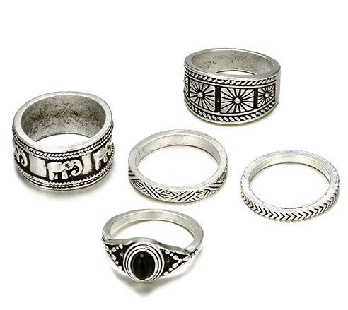 RS64 Silver Color 5 Piece Ring Set - Iris Fashion Jewelry