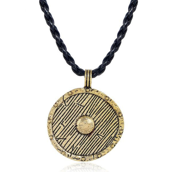 N1448 Gold Etched Design on Braided Leather Cord Necklace - Iris Fashion Jewelry