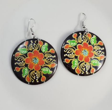 E618 Orange Flower Design Coconut Shell Wooden Earrings - Iris Fashion Jewelry