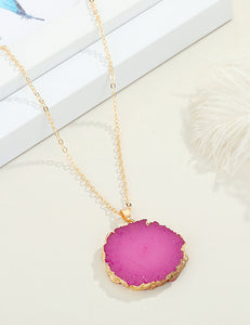 N1495 Gold Hot Pink Round Imitation Natural Stone Necklace with FREE Earrings - Iris Fashion Jewelry