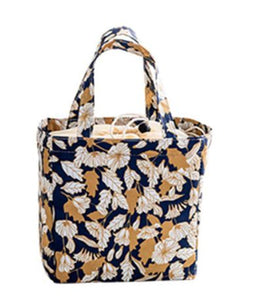 G45 Navy Blue Leaves & Floral Print Insulated Lunch Tote with Drawstring Closure - Iris Fashion Jewelry