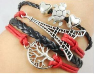 B192 Red & Black Eiffel Tower Tree of Life Leather Layer Bracelet - Iris Fashion Jewelry