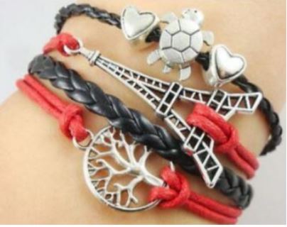 B192 Red & Black Eiffel Tower Tree of Life Leather Layer Bracelet - Iris Fashion Jewelry