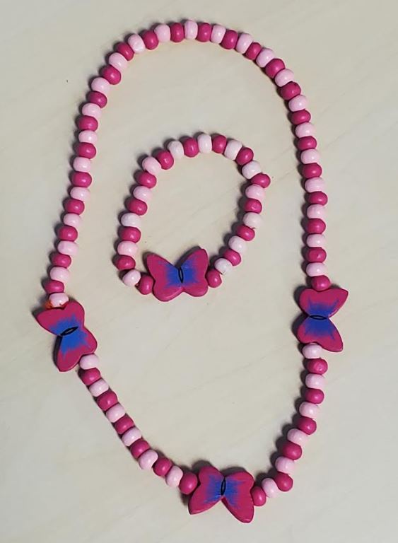 L448 Hot Pink Butterfly Wooden Necklace & Bracelet Set - Iris Fashion Jewelry