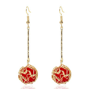 E1381 Gold Red Pearl in Wire Dangle Earrings - Iris Fashion Jewelry