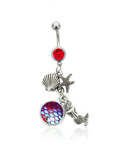 P34 Silver Red Gemstone Iridescent Red Fish Scale Mermaid Charm Belly Button Ring - Iris Fashion Jewelry