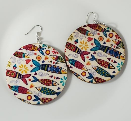 E1486 Large Round Wooden Colorful Fish Earrings - Iris Fashion Jewelry