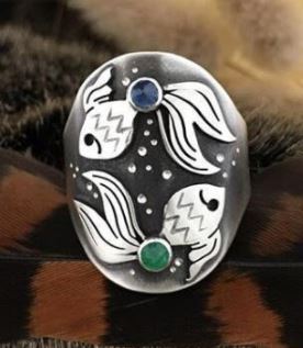 R138 Silver Blue & Green Gemstone Fish Ring - Iris Fashion Jewelry