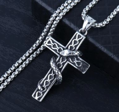 N76 Silver Cross with Snake Necklace - Iris Fashion Jewelry