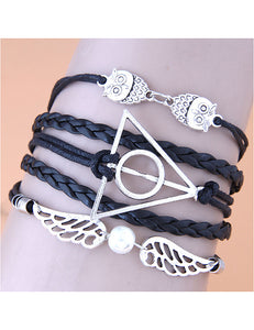 B47 Black Owl Wings Leather Layer Bracelet - Iris Fashion Jewelry