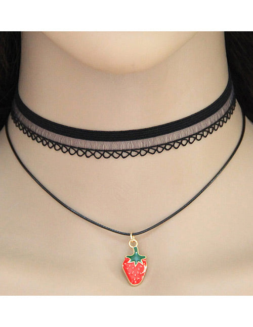 N1245 Black Layered Lace Choker with Strawberry Necklace with FREE Earrings - Iris Fashion Jewelry