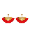 E1562 Large Gold Fan Red Tassel Earrings - Iris Fashion Jewelry