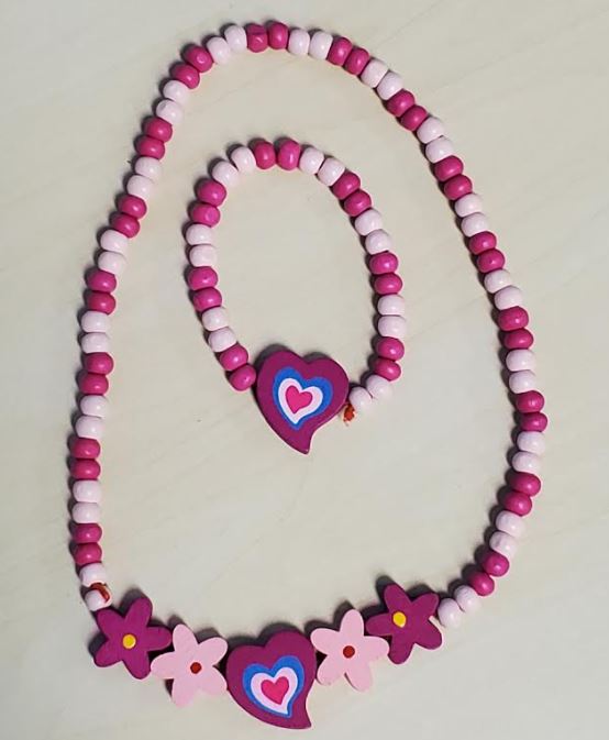 L459 Pink Hearts & Flowers Wooden Necklace & Bracelet Set - Iris Fashion Jewelry