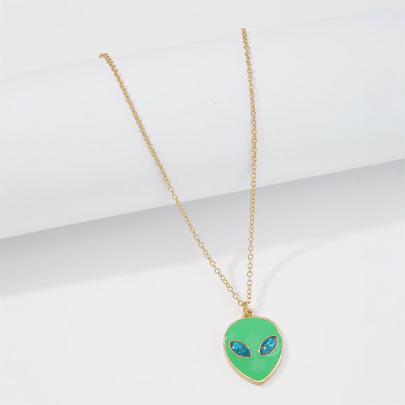 N804 Gold Green Enamel Blue Gemstone Alien Necklace with FREE Earrings - Iris Fashion Jewelry