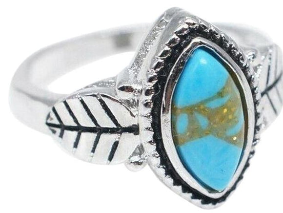 R239 Silver Turquoise Stone Leaf Accent Ring - Iris Fashion Jewelry