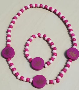 L313 Hot Pink Crown Design Wooden Necklace & Bracelet Set - Iris Fashion Jewelry