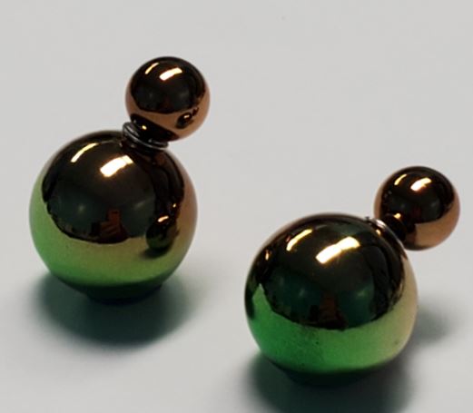 *E1228 Gold & Green Two Tone Double Ball Earrings - Iris Fashion Jewelry