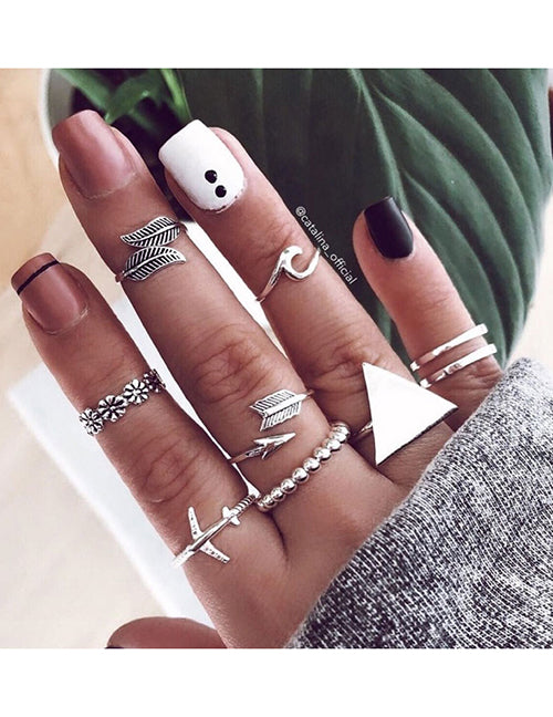 RS03 Silver Feather Arrow Triangle 9 pc. Ring Set - Iris Fashion Jewelry