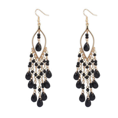 E161 Large Gold Black Beaded Dangle Earrings - Iris Fashion Jewelry