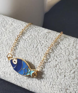 *N612 Gold Blue Baked Enamel Fish Necklace with Free Earrings - Iris Fashion Jewelry