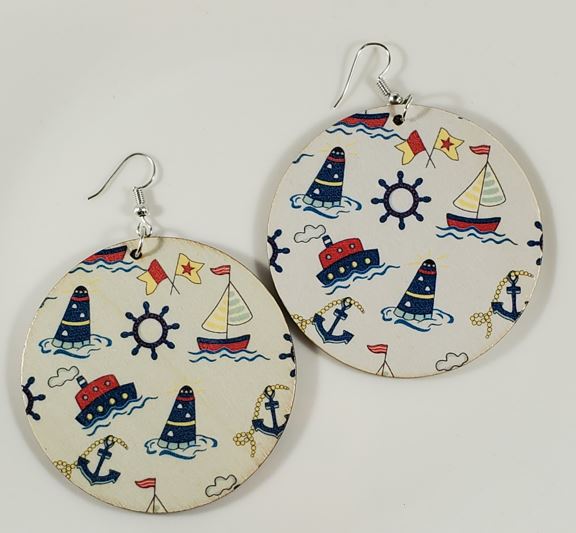 E1133 Large Round Wooden Boating Theme Earrings - Iris Fashion Jewelry