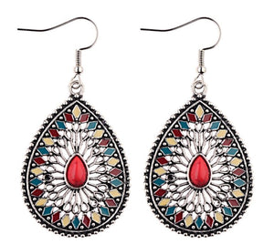 E1278 Silver Teardrop Red Gemstone Baked Enamel Earrings - Iris Fashion Jewelry