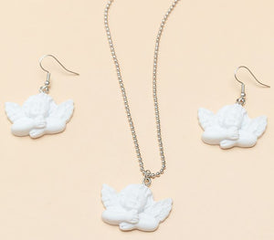 N1789 White Cupid Angel Necklace with FREE Earrings - Iris Fashion Jewelry