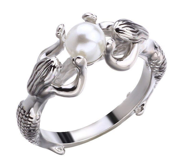 R193 Silver Mermaids with Pearl Ring - Iris Fashion Jewelry