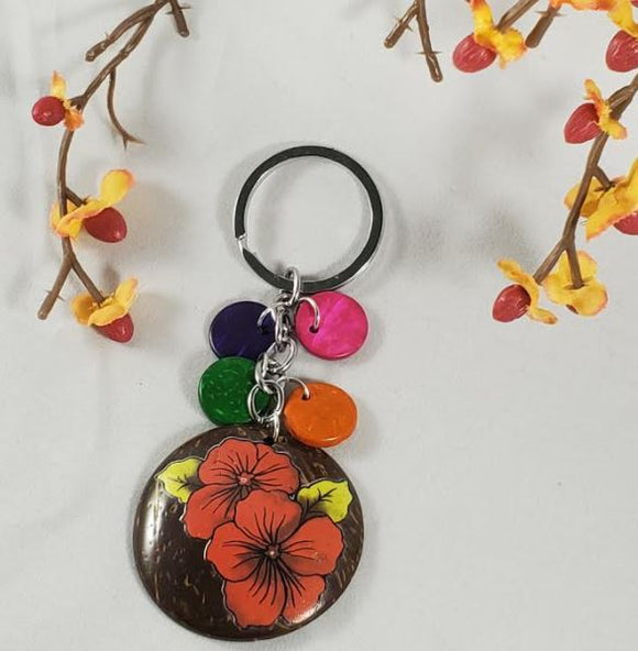 K121 Blood Orange Hibiscus Coconut Shell Colorful Wooden Disk Keychain - Iris Fashion Jewelry