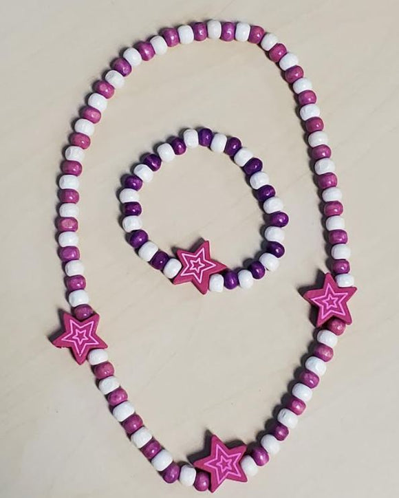 L470 Pink & Purple Star Wooden Necklace & Bracelet Set - Iris Fashion Jewelry