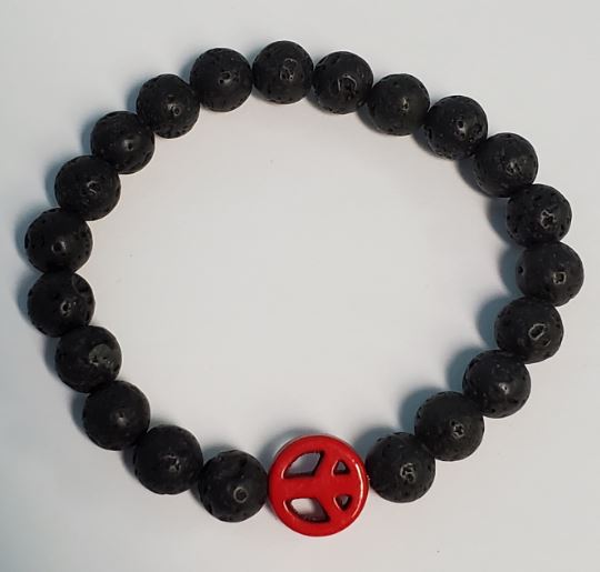 B490 Black Lava Stone Red Peace Sign Bead Bracelet - Iris Fashion Jewelry