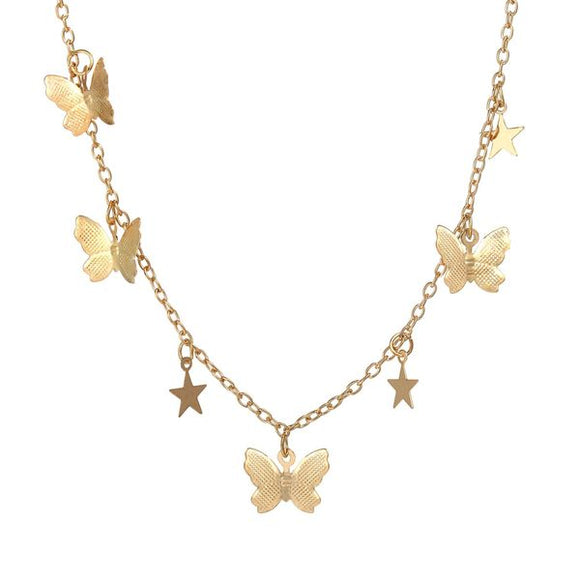 N113 Gold Multi Butterfly and Star Choker Necklace with FREE Earrings - Iris Fashion Jewelry