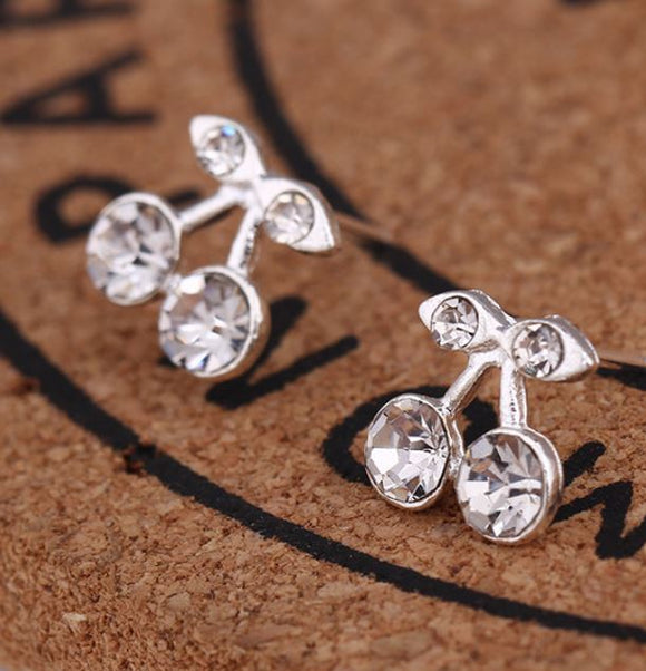 E348 Silver Rhinestone Cherry Earrings - Iris Fashion Jewelry