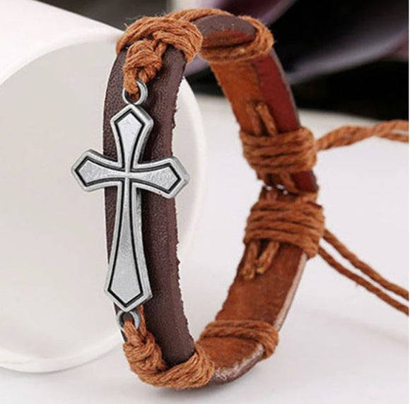 B494 Brown Leather Cross Light Brown Cord Bracelet - Iris Fashion Jewelry
