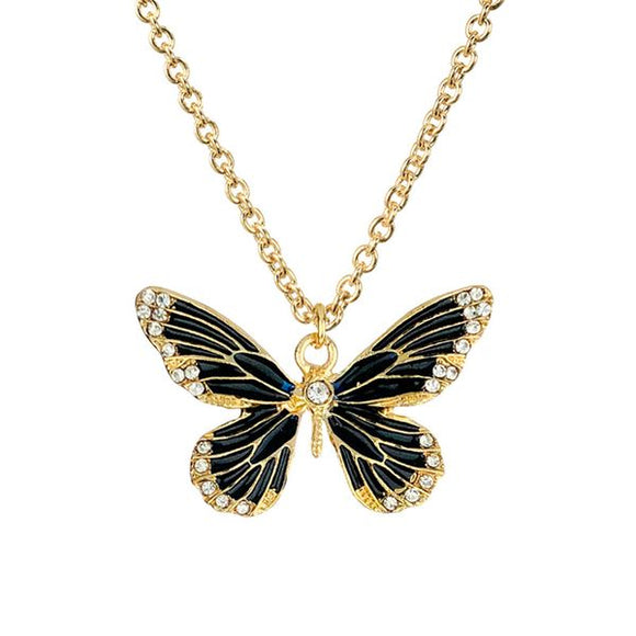 N941 Gold Black Baked Enamel Rhinestone Butterfly Necklace FREE Earrings - Iris Fashion Jewelry
