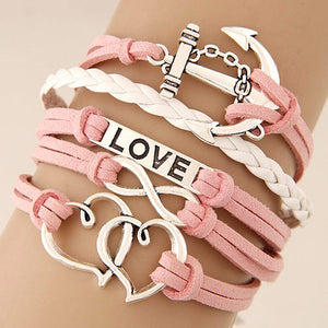 B1054 Pink Love Anchor Leather Bracelet - Iris Fashion Jewelry