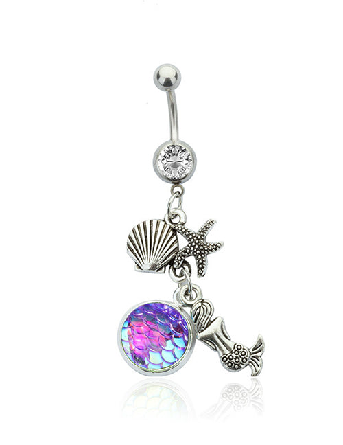 P23 Silver Iridescent Purple Fish Scale Mermaid Charm Belly Button Ring - Iris Fashion Jewelry