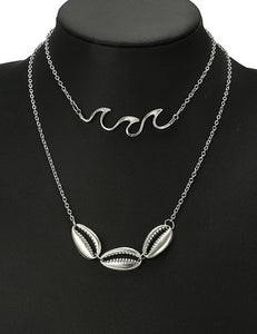 N173 Silver Layered Shell & Waves Necklace With Free Earrings - Iris Fashion Jewelry