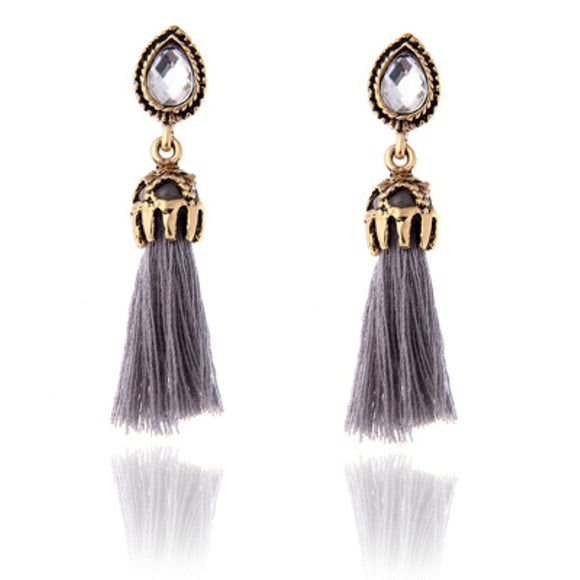 E869 Gold Gray Gem & Tassel Earrings - Iris Fashion Jewelry