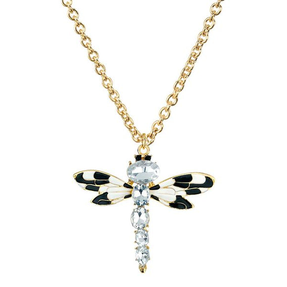 N123 Gold Black White Gemstone Dragonfly Necklace FREE Earrings - Iris Fashion Jewelry