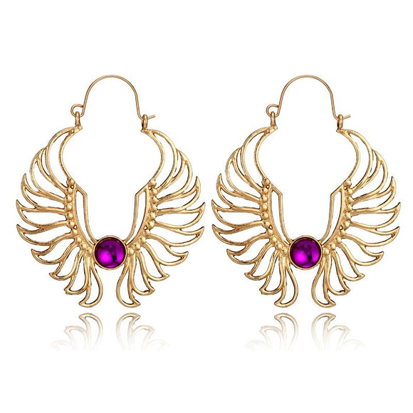 E1571 Gold Wing Design Purple Gem Earrings - Iris Fashion Jewelry